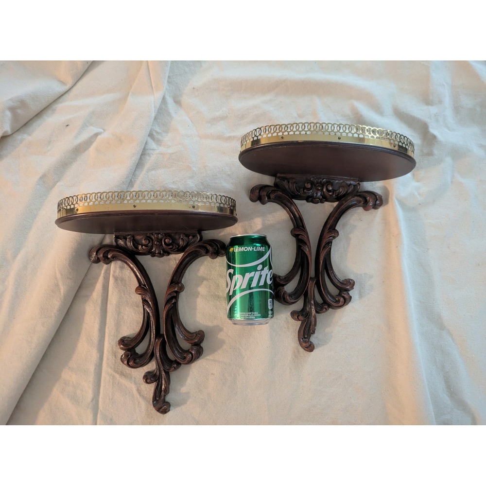 Lot of 2 Syroco Wood Wall Corbel Shelves  Brass Gallery Rail MCM 11 In
